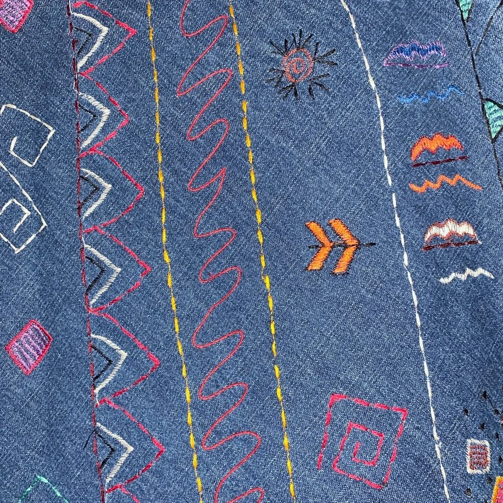 Chico's Vintage Blue Jean Maxi Skirt with Embroidered Accents and Frayed Hem - Picture 2 of 7